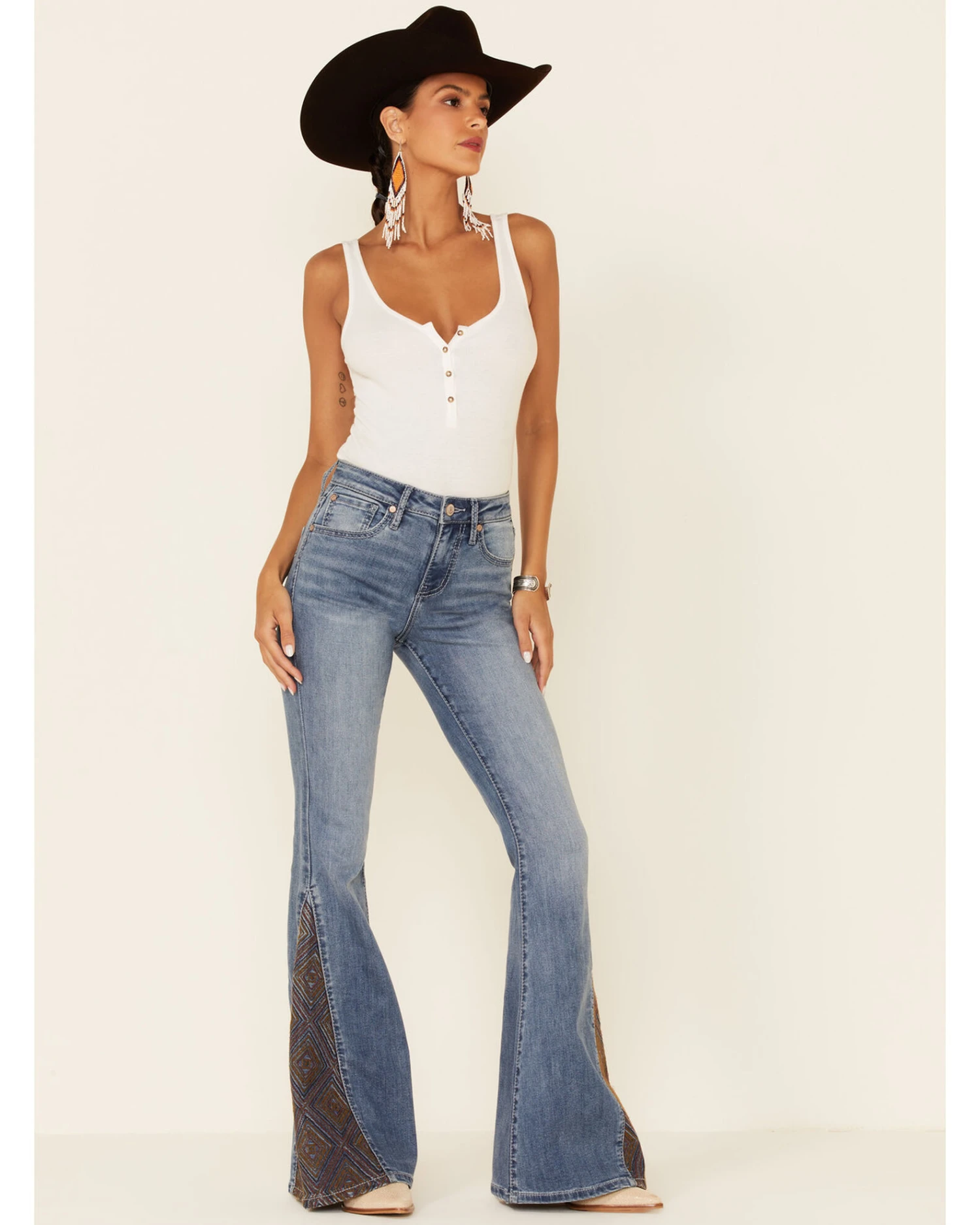 Shyanne Women's Mid Wash Crochet Embroidered Inset High Rise Flare Denim Jeans - Image 3