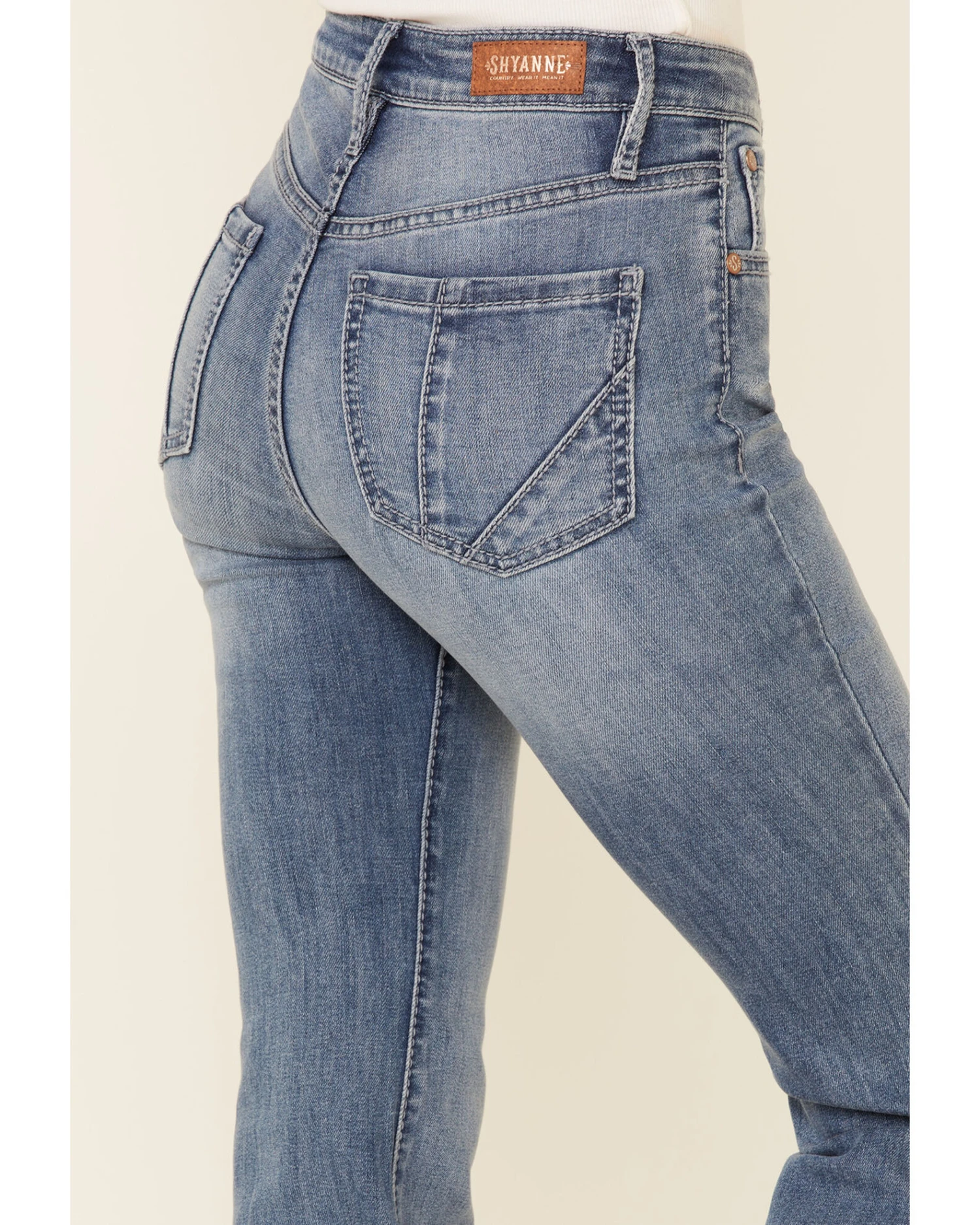 Shyanne Women's Mid Wash Crochet Embroidered Inset High Rise Flare Denim Jeans - Image 2