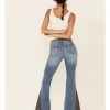 Shyanne Women's Mid Wash Crochet Embroidered Inset High Rise Flare Denim Jeans