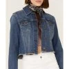 Shyanne Women's Medium Dark Wash Cropped Fray Denim Jacket