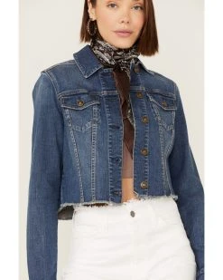 Shyanne Women's Medium Dark Wash Cropped Fray Denim Jacket