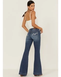 Shyanne Women's Dark Wash Mid Embroidered Scoop Pocket Flare Jeans