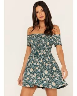 Shyanne Women's Floral Print Smocked Off Shoulder Dress