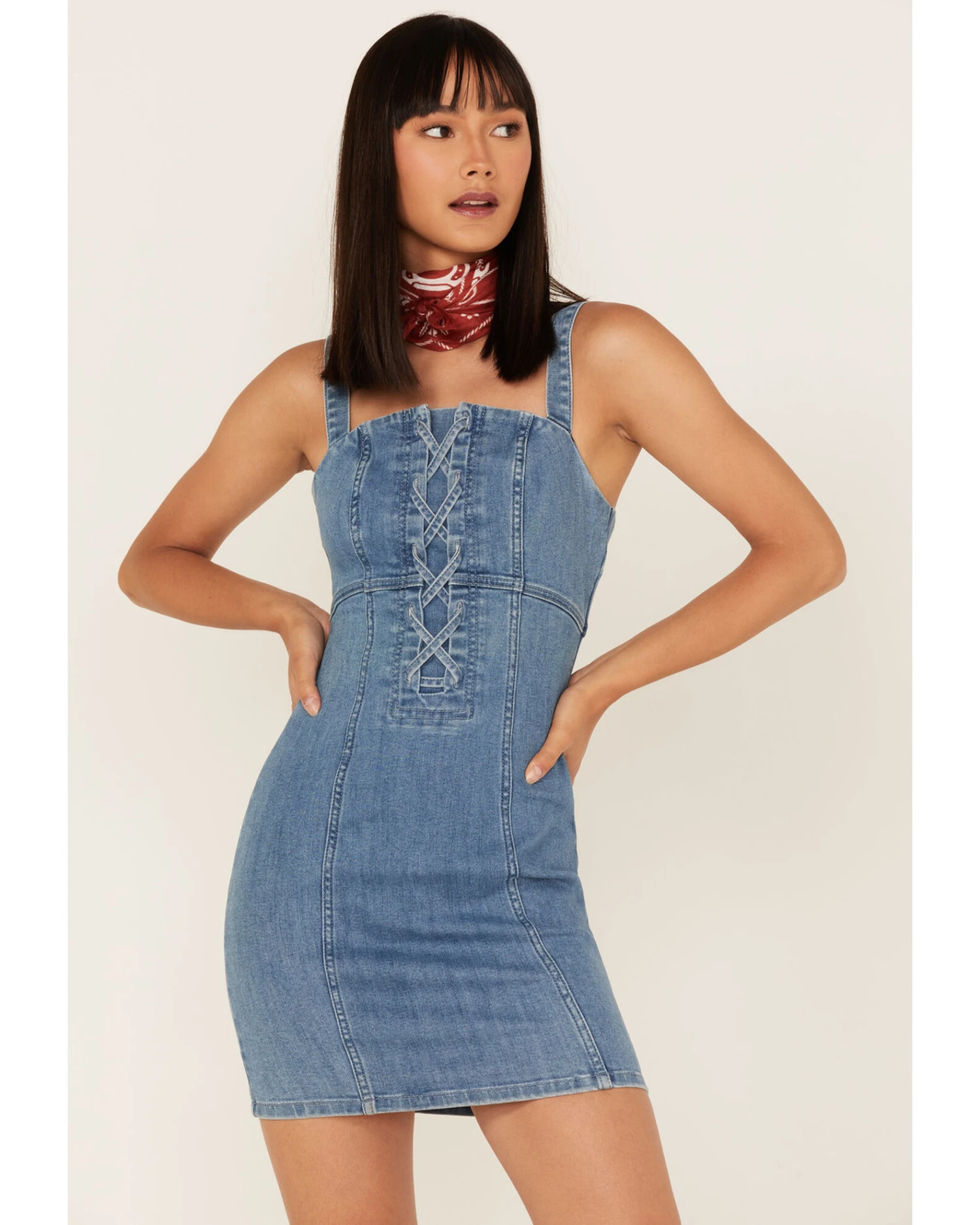 Shyanne Women's Light Wash Lace-Up Denim Mini Dress - Image 2