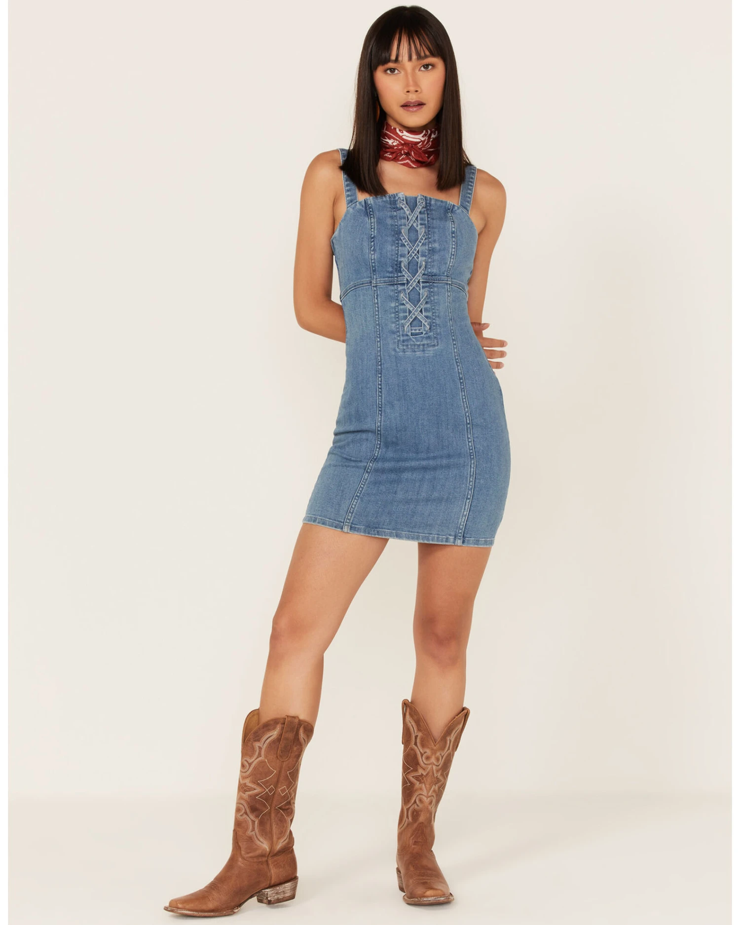 Shyanne Women's Light Wash Lace-Up Denim Mini Dress - Image 4