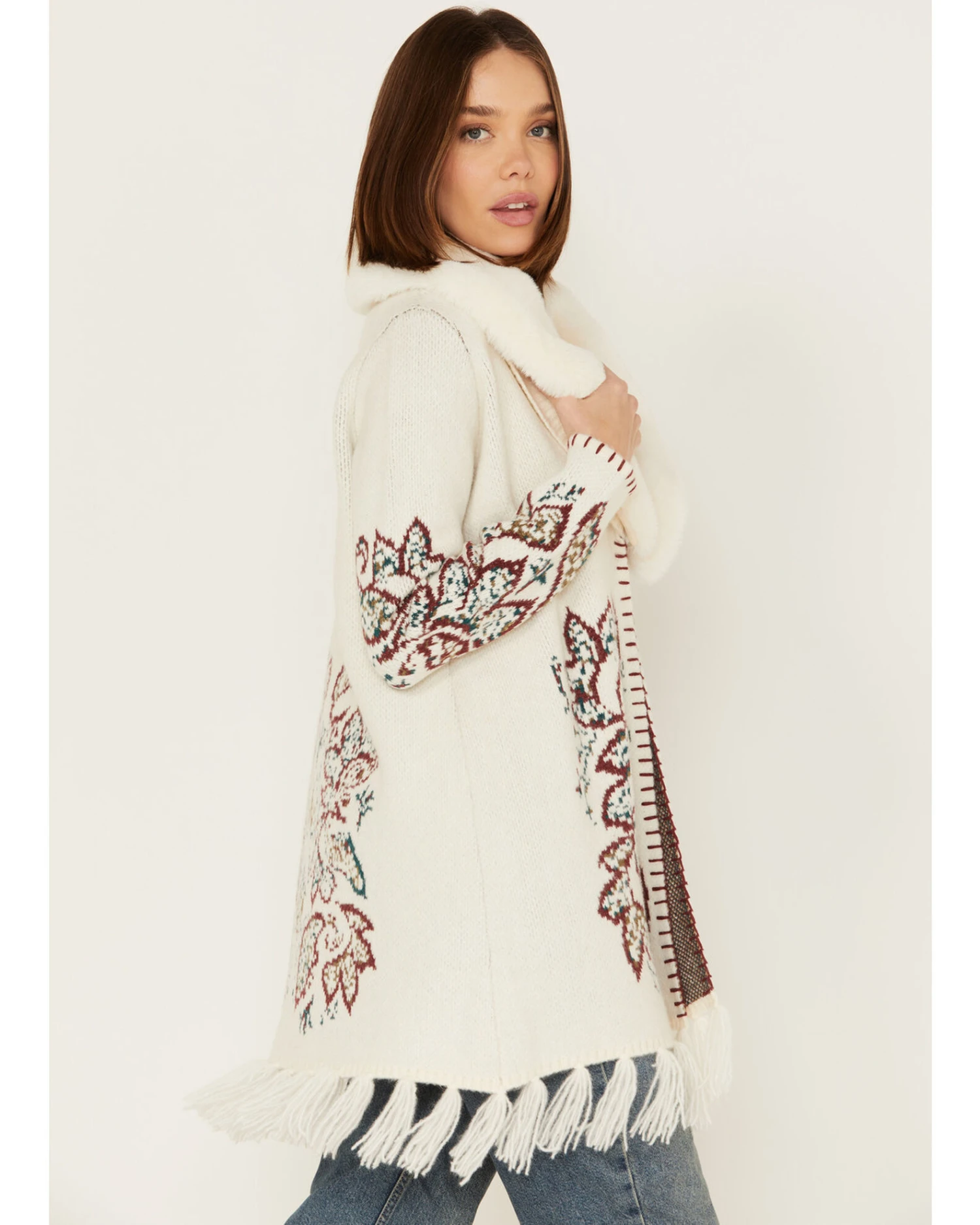 Shyanne Women's Paisley Knit Fringe & Faux Fur Cardigan - Image 3