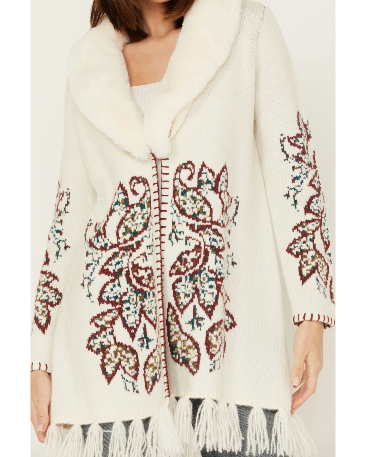 Shyanne Women's Paisley Knit Fringe & Faux Fur Cardigan - Image 2