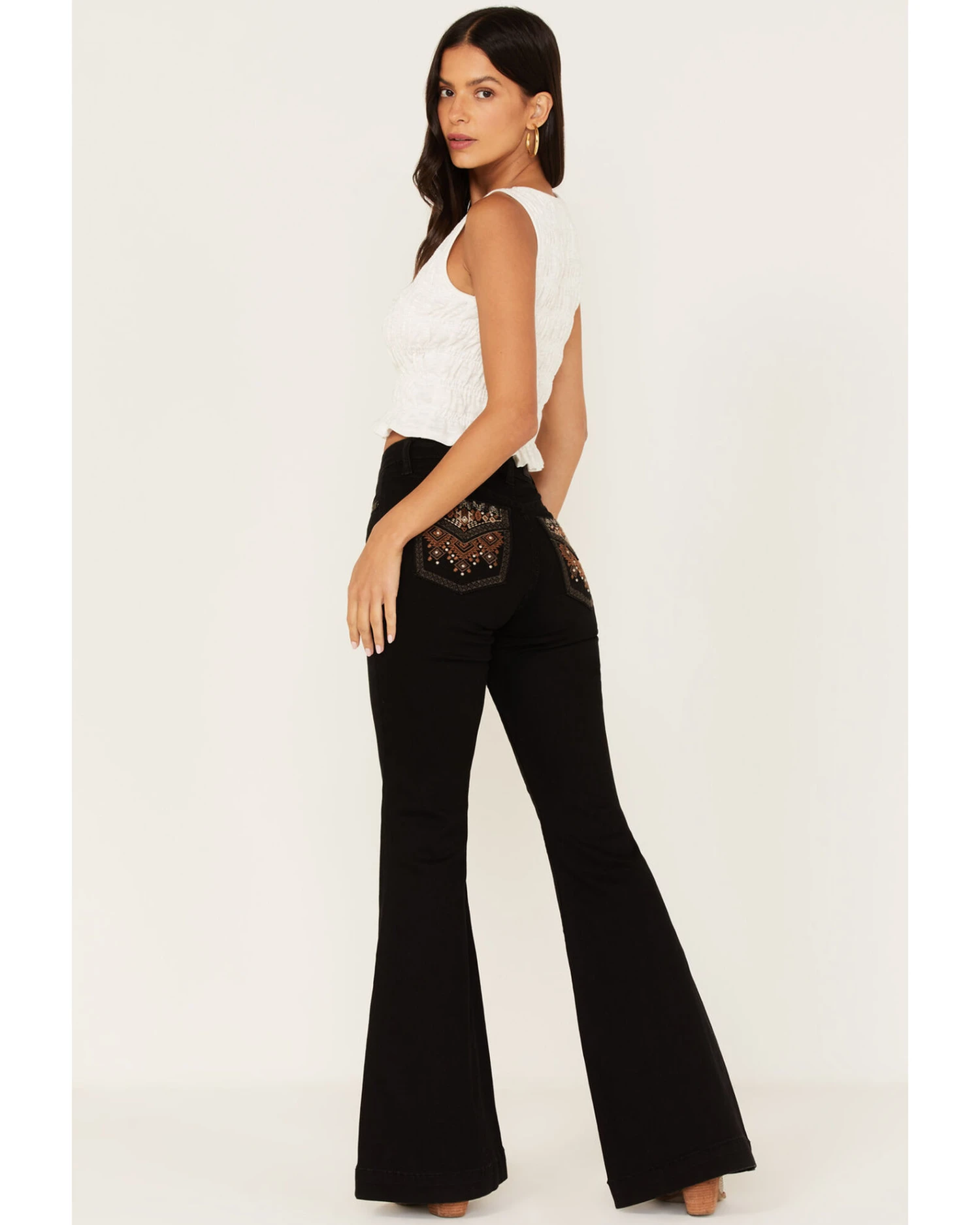 Shyanne Women's Dark Wash High Rise Embroidered Stretch Flare Jeans - Image 3