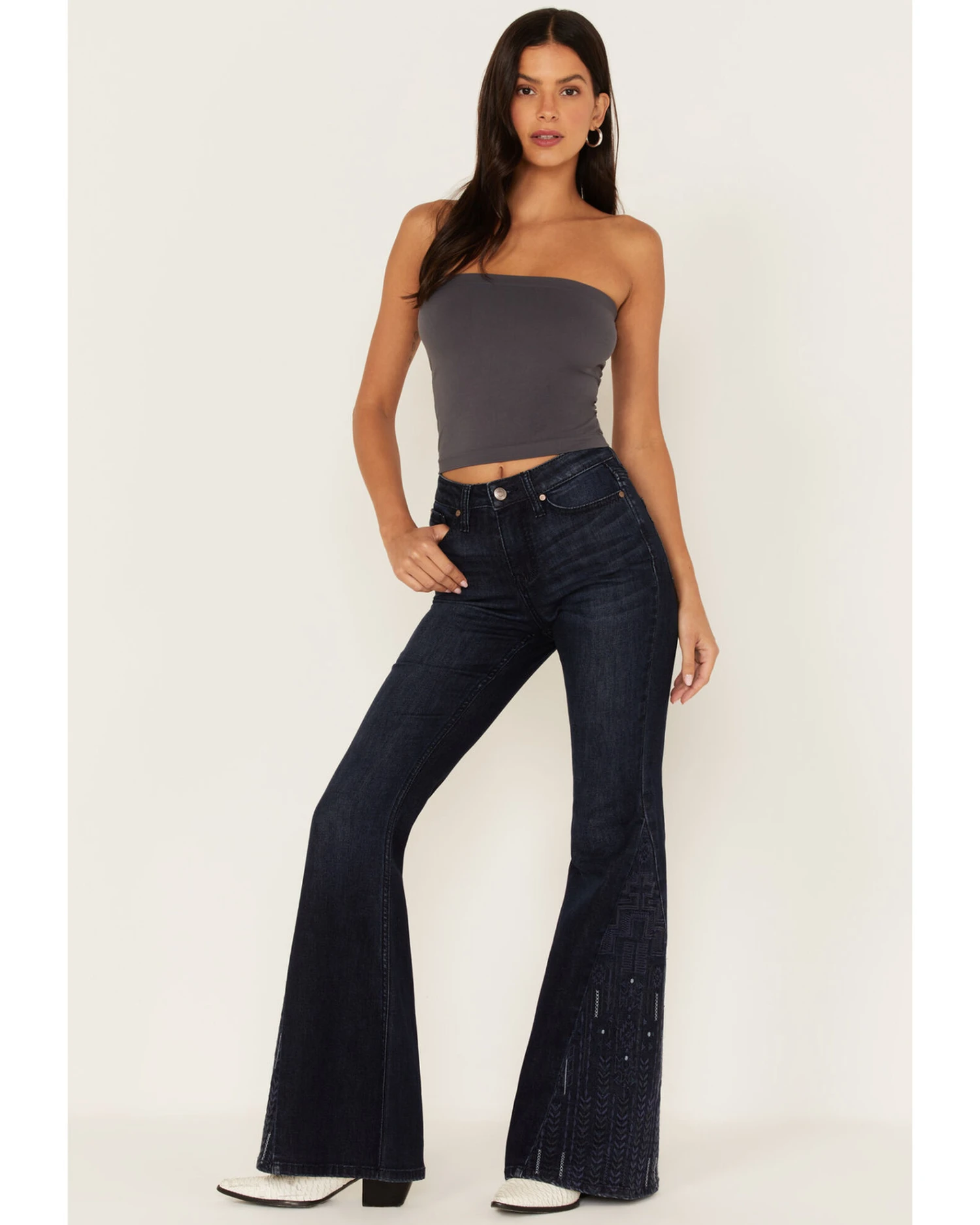 Shyanne Women's Embroidered Dark Wash High Rise Stretch Flare Jeans - Image 2