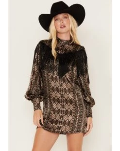 Shyanne Women's Long Sleeve Satin Fringe Mode Dress