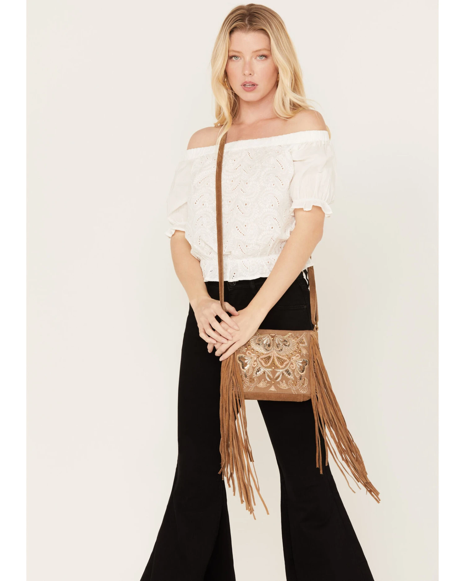 Shyanne Women's Light Brown Velvet Embroidered Crossbody Handbag - Image 3