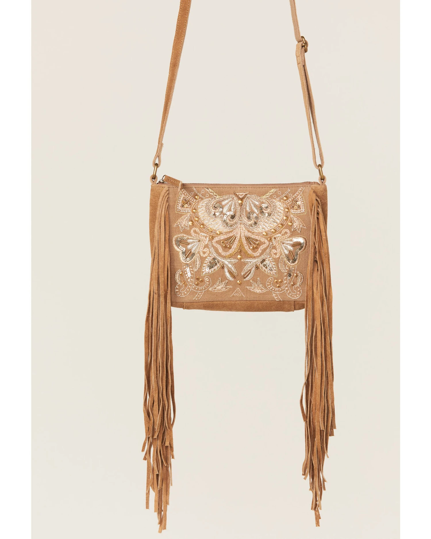 Shyanne Women's Light Brown Velvet Embroidered Crossbody Handbag - Image 2