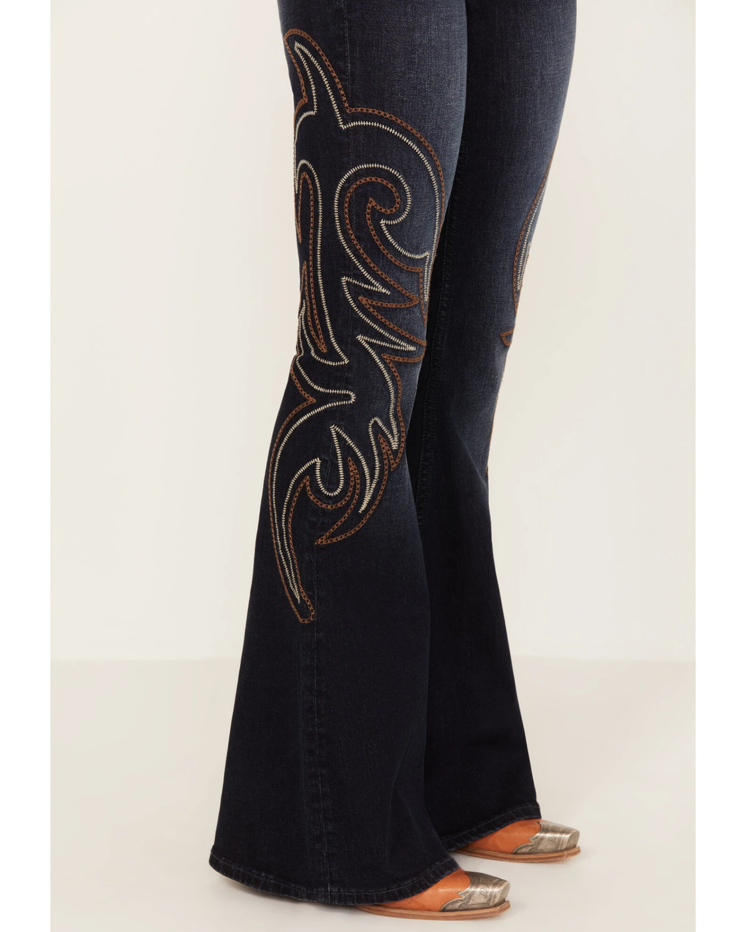 Shyanne Women's Dark Wash Mid Rise Embroidered Flare Jeans - Image 2