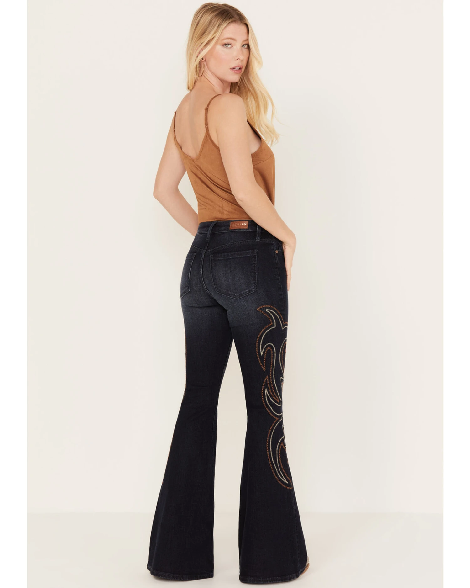 Shyanne Women's Dark Wash Mid Rise Embroidered Flare Jeans