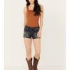 Shyanne Women's Dark Medium Wash Mid Rise Embroidered Stretch Denim Shorts