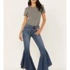 Shyanne Women's Medium Wash High Rise Ruffled Super Flare Stretch Jeans